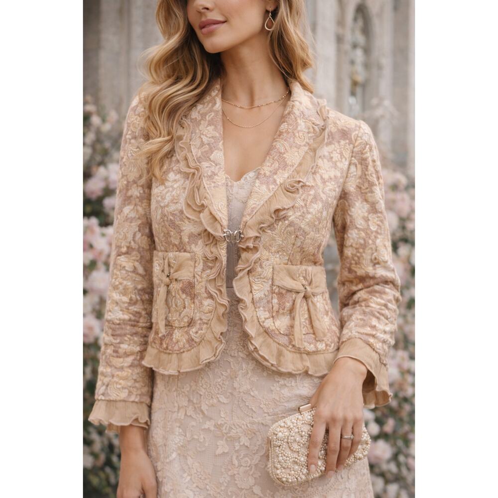 Ceres Womens Floral Brocade Ruffle Trim Jacket Blazer Beige Tan Size L